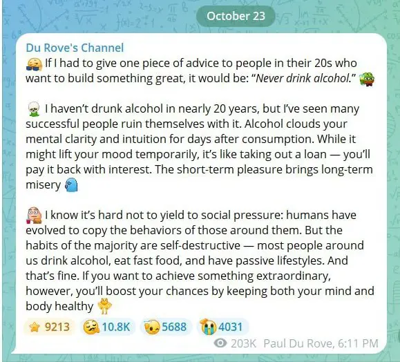 پاڤێل دورۆڤ : مەی مەخۆرەوە