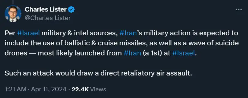 میدێڵ ئیست : سەرچاوەکانی هەواڵگری و سەربازی ئیسرائیل پێشبینی هێرشی مووشەکی کرووز و بالێستیک و زۆرێک فڕۆکەی بیفڕۆکەوان دەبێت