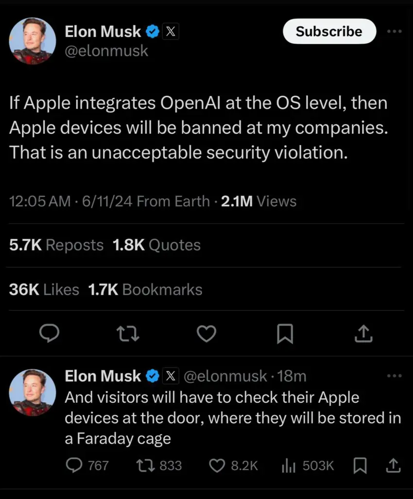 ڕاگەیاندنی شەڕی ئیلۆن ماسک لەگەڵ ئەپڵ و ئۆپن ئای OpenAI