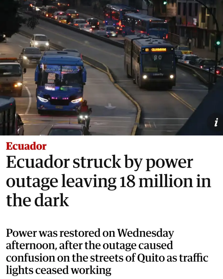 پچڕانی کارەبا لە ئیکوادۆر؛ ١٨ ملیۆن کەس نوقمی تاریکی بوون