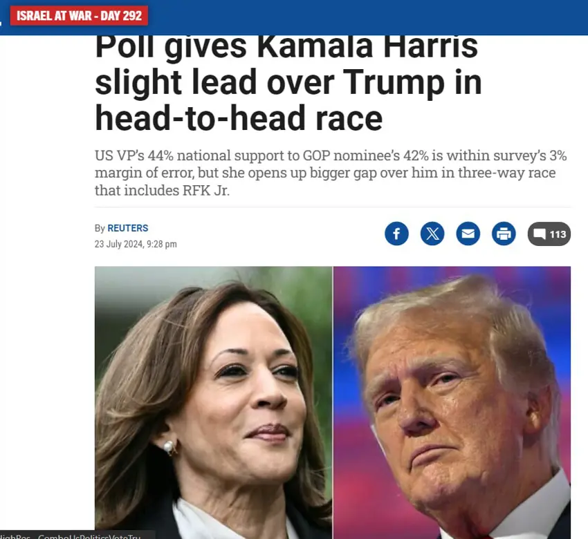 لەدوایین راپرسی دەنگدەرانی ئەمریکادا کامالا هاریس پێش دۆناڵد ترامپ کەوتووە