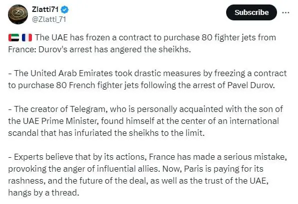 دوابەدوای دەستگیرکردنی پاڤێل دورۆڤ، ئیمارات گرێبەستی کڕینی 80 فڕۆکەی جەنگی لە فەڕەنسا ڕاگرت