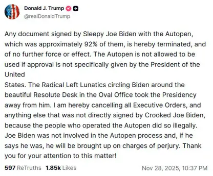 ترامپ : هەموو ئەو بەڵگەنامانەی کە جۆ بایدن بە قەڵەم واژووی کردووە پووچەڵ و بێ بەهان و چیتر کارا نین
