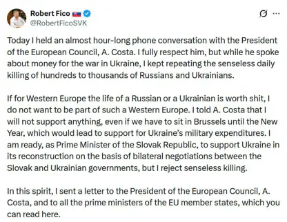 سەرۆکوەزیرانی سلۆڤاکیا : ‘نا’ بۆ یارمەتییەکانی یەکیتی ئەورووپا بۆ ئۆکراین