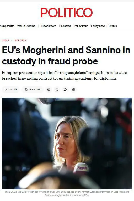 مۆگرینی و سانینۆ، دوو کەسایەتی باڵای سیاسەتی دەرەوەی یەکیتی ئەورووپا، بە تۆمەتی گەندەڵی دەستگیرکران