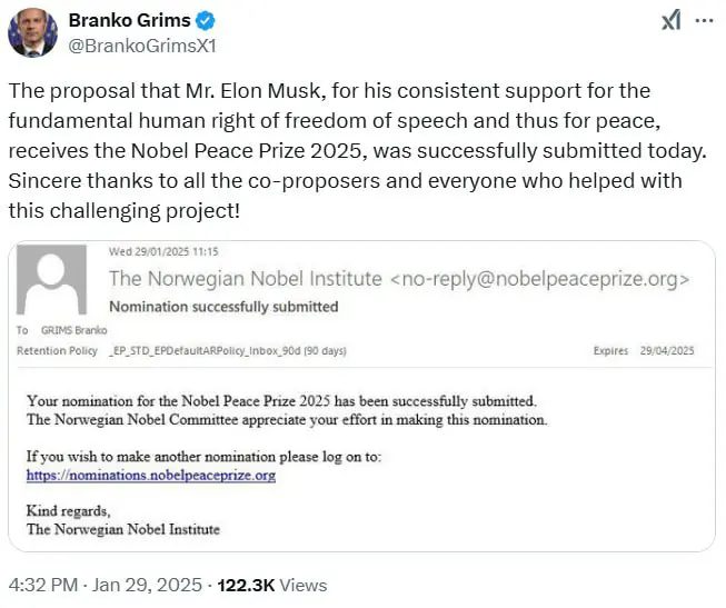 ئیلۆن ماسک بەهۆی بەرگریکردن لە ئازادی قسەکردن و ڕادەربڕین دەبێتە پاڵێوراوی خەڵاتی نۆبڵ