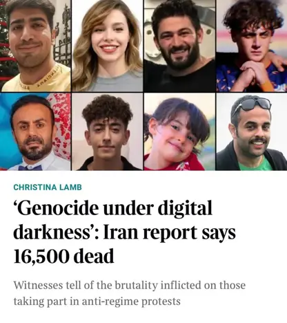 “ساندەی تایمز”ی بەریتانی : لە ناڕەزایەتییەكانی ئێران و ڕۆژهەڵاتی كوردستان لانیكەم ١٦ هەزار و ٥٠٠ كەس كوژراون و ٣٣٠ هەزار كەسیش بریندار بوون