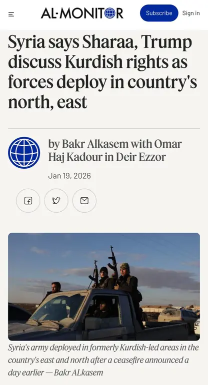 ئەلمۆنیتەر : شەرع بەڵێنی بە ترامپ داوە کە ناچێتە ناو حەسەکە