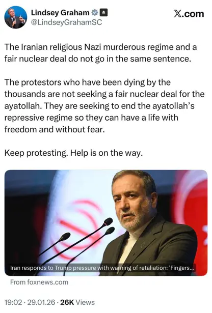 لیندسی گراهام : ڕێژیمی مەزهەبی نازی سفەت و مرۆڤ کوژی ئێران و ڕێککەوتنی ئەتۆمی دادپەروەرانە لە یەک ڕستەدا ناگونجێن