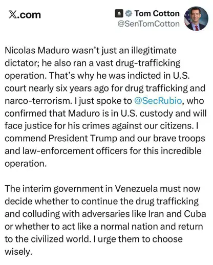 تام كاتن : مادۆرۆ لە دەستبەسەرگەی ئەمریکایە و بە تاوانی بازرگانی کردن بە ماددە هۆشبەرەکان، تیرۆر و زیان گەیاندن بە هاووڵاتیانمان دادگایی دەکرێت