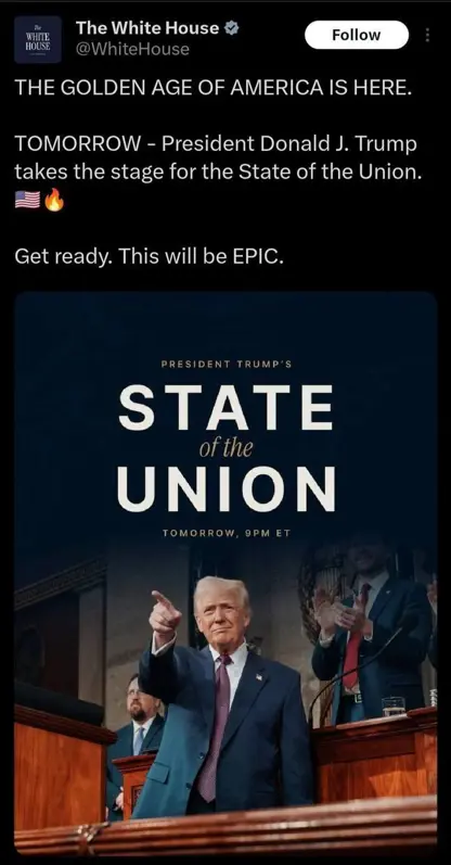 تویتی فەرمی لاپەڕەی کۆشکی سپی : سەردەمی زێڕینی ئەمریکا گەیشتووە.