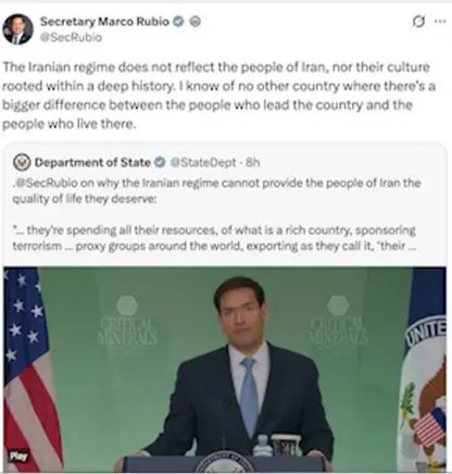 مارکۆ ڕۆبیۆ : حکوومەتی ئێران نوێنەرای خەڵك و فەرهەنگی ئەم ووڵاتە نییە