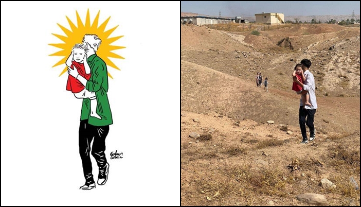 Karîkaturîstê Îtalî zaroka Kurd a ku ji ber êrîsa Îranê guhê xwe girtiye xêz kir