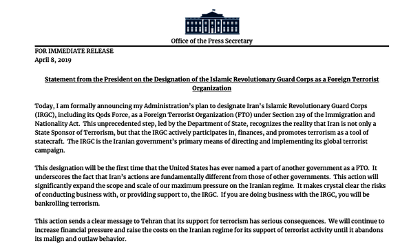 Trump ragihand | Amerîkayê artêsa Îranê bi fermî xist nav lîsta terorê