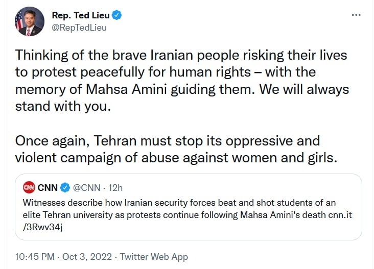 پەیامی ئەندامى کۆمیتەى پەیوەندییە دەرەکى و دادییەکانى کۆنگرەى ئەمریکا سەبارەت بە ئاڵۆزییەکان ناوخۆی ئێران