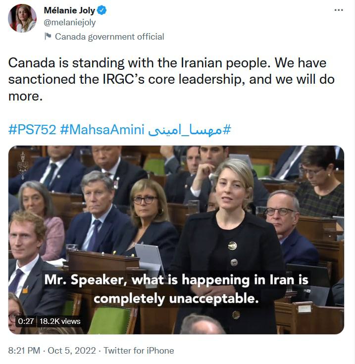 وەزیری دەرەوەی کەنەدا : ئێمە لەگەڵ خەڵکی ئێرانین