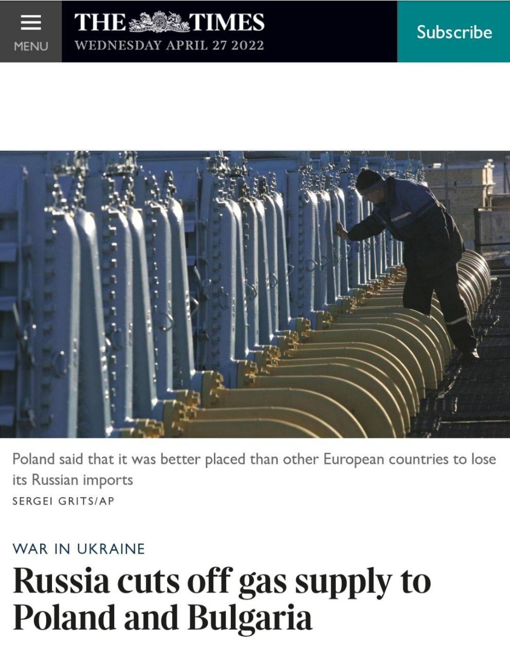 ڕووسیا هەناردەکردنی گازی بۆ پۆڵەندا و بۆلغاریا ڕاگرت