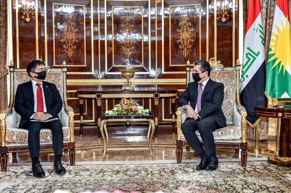 مەسروور بارزانی سەرۆکی حکومەتی هەرێمی کوردستان پێشوازی لە باڵیۆزی ژاپۆن لە عێراق دەکات