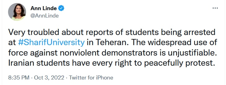 پەیامی وەزیری دەرەوەی سوید بەرامبەر دەستبەسەرکردنی خوێندکارانی زانکۆی لە ئێران