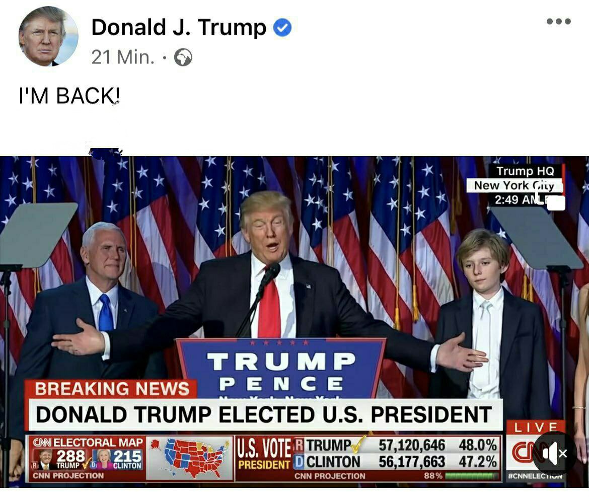 یەکەمین پەیامی دۆناڵد ترامپ لە فەیسبووک بڵاو کرایەوە " من گەڕامەوە "