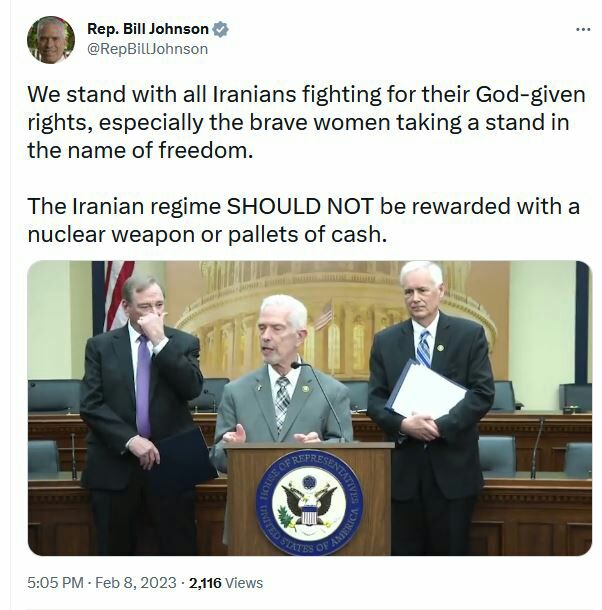 پەیامی تویتەری "بێل جانسن" ئەندامی کۆنگرێسی ئەمریکا بۆ پشتیوانی لە شۆڕشی گەلانی ئێران