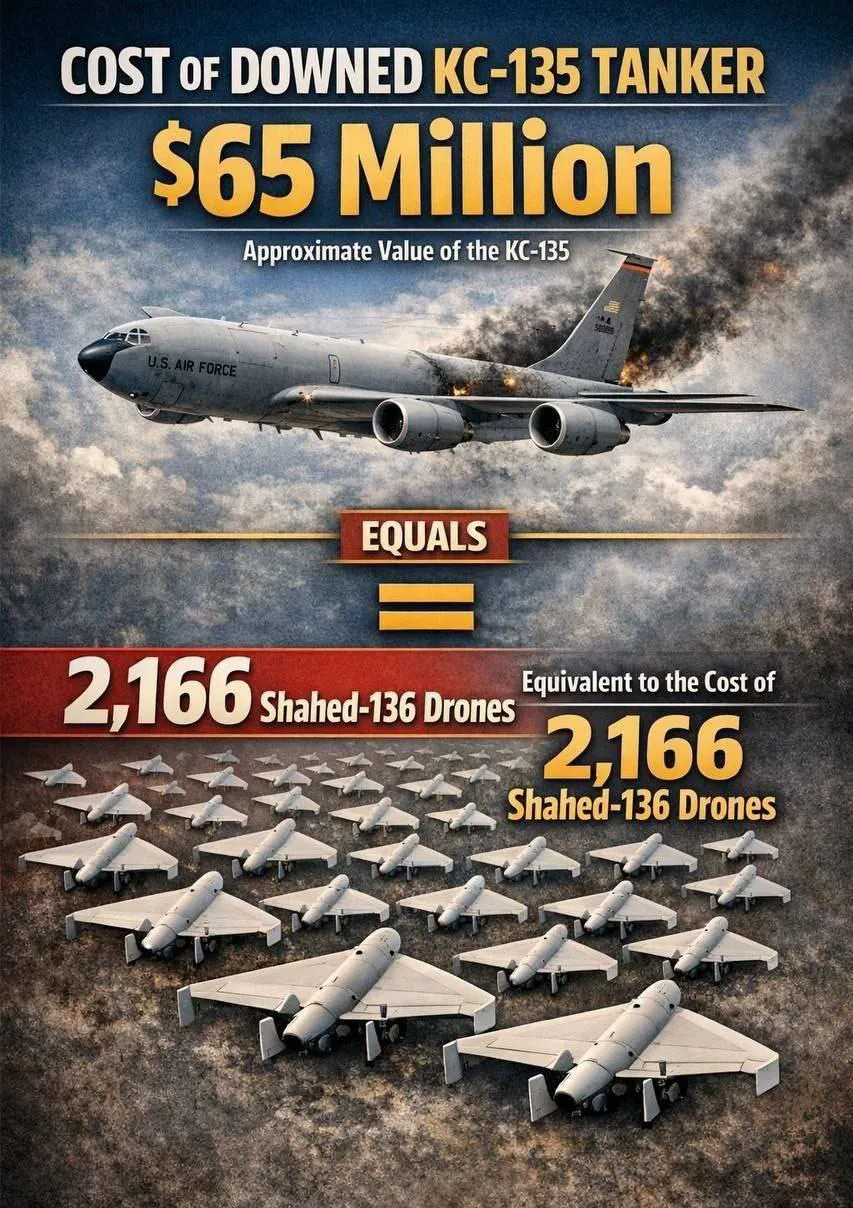 تێچووی تانکەری کەوتووی KC-135 بە نزیکەی ٦٥ ملیۆن دۆلار مەزەندە دەکرێت؛