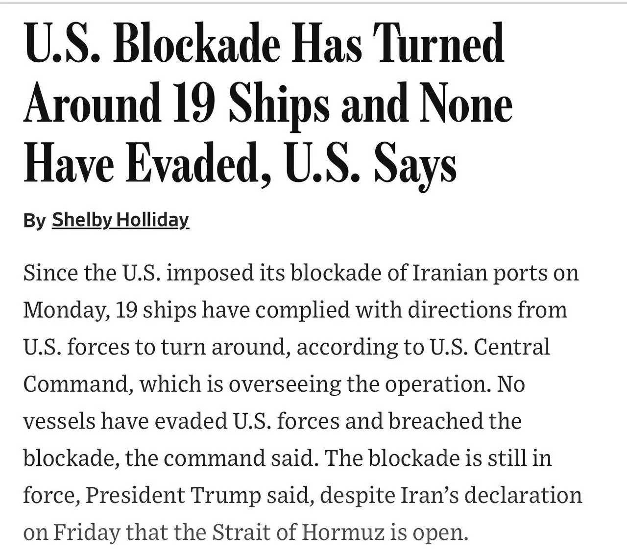 فەرماندەیی ناوەندی ئەمریکا : ١٩ کەشتی لە گەمارۆی دەریایی کۆماری ئیسلامی دا ڕێگرییان لێکرا