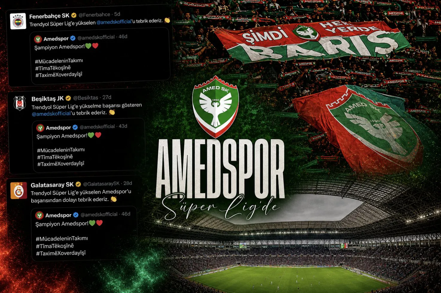 Amedspor Süper Lig’de: Birçok kentte kutlamalar ve tebrik mesajları